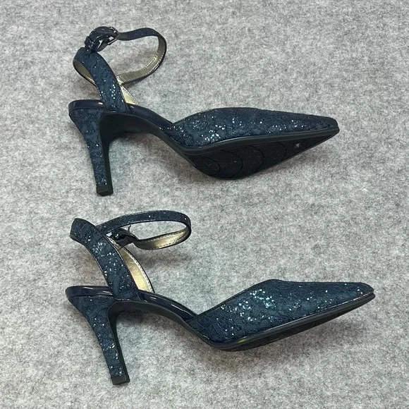 Bandolino Navy Blue Lace Glitter Pointed Toe Ankle Strap Pumps Formal Heels 7.5M - Picture 8 of 8